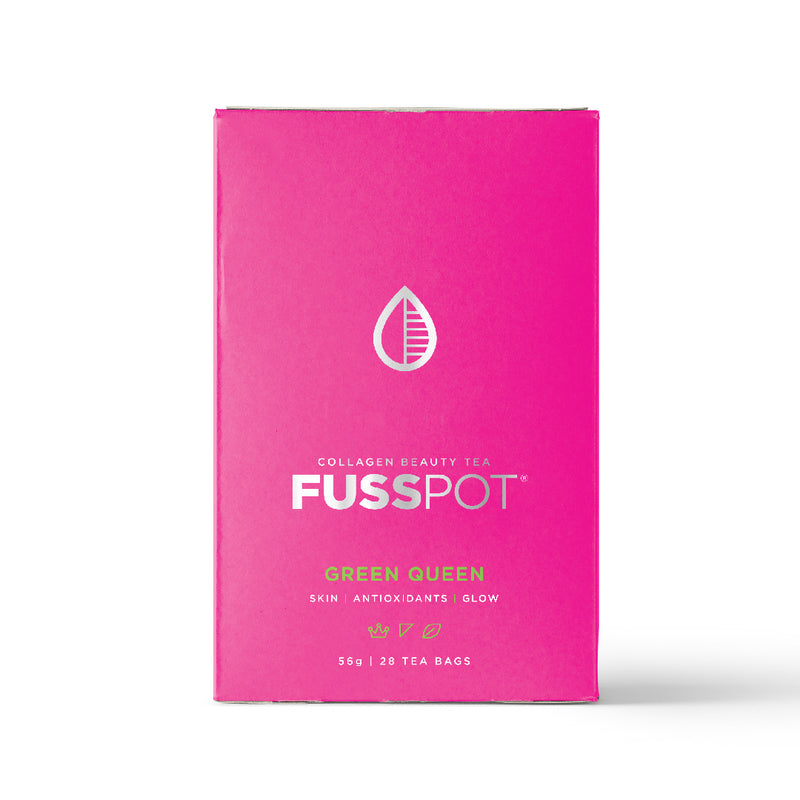 Fusspot Collagen Beauty Tea, a beauty tea with hydrolyzed collagen peptides as a beauty tea to support skin, hair and nails, anti-ageing, reduce wrinkles. Hot pink packaging. Beauty Product. Beauty Tea with collagen peptides, Green Tea... biodegradable compostable enviro-friendly teabags. soilon pyramid teabags.
