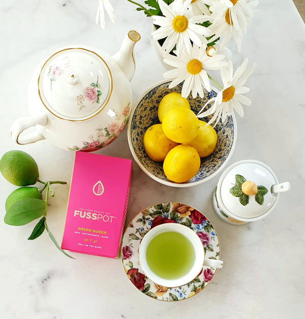 Fusspot Collagen Beauty Tea Green Queen collagen teabags, green sencha tea with collagen and antioxidants for wellbeing and immunity