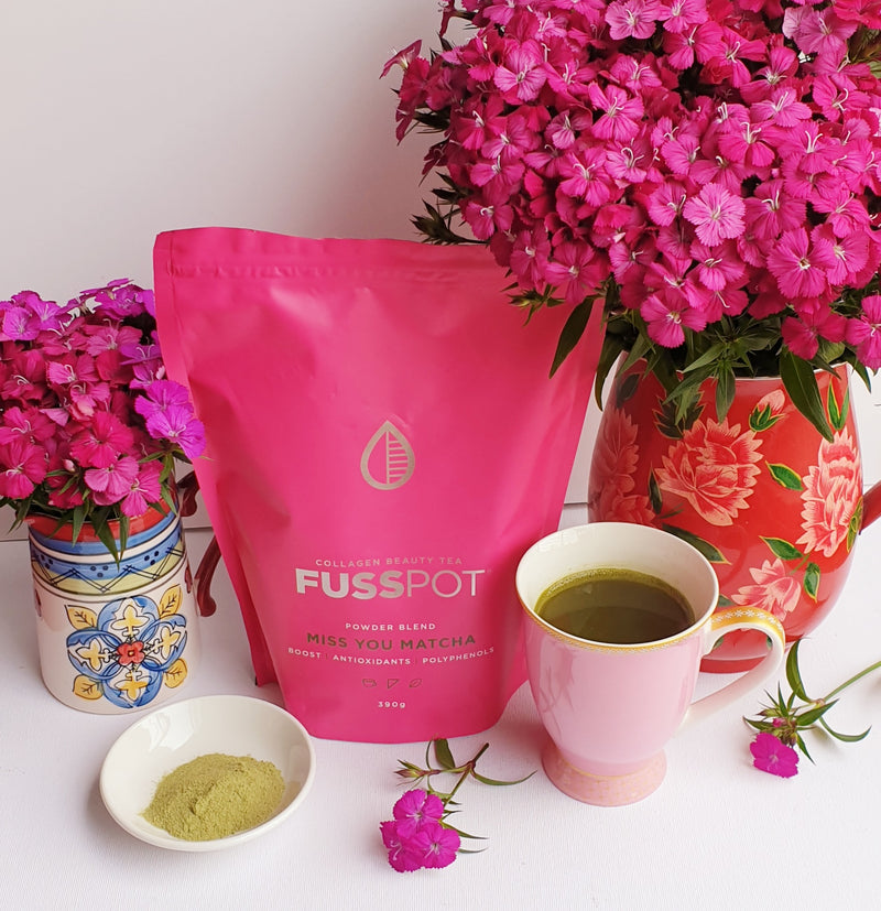 Fusspot Collagen Beauty Tea Miss You Matcha collagen powder tea, matcha tea, matcha latte, anttioxidants and green tea collagen powder